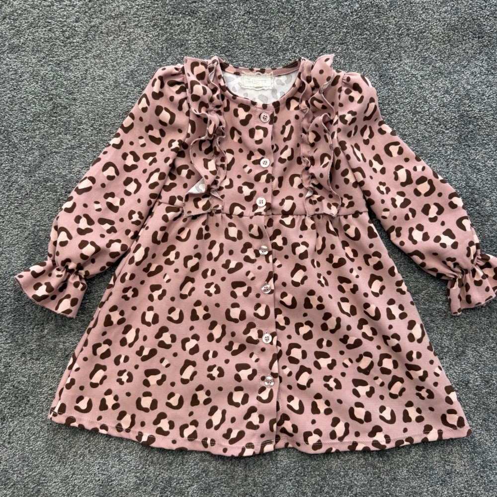 Btween Pink Leopard Print Ruffle Button Front Long Sleeve Dress Kids 6